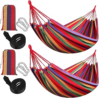 Windyun 2 Sets Cotton Canvas Hammock Large Double Hammock 400lbs Portable Camping Hammocks for Outside with Carrying Bag Sturdy Metal Knot Ropes and Tree Straps for Travel Patio Garden Backyard (Red) product image
