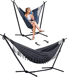 SUNCREAT 2-in-1 Hammocks Convertible Portable Double Hammock with Stand Included, Outdoor Hammock and Stand, Patented, Dark Grey with Tassel product image