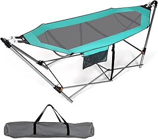 Portable Folding Hammock w/Side Pocket, Lounge Camping Bed w/Metal Stand & Anti-tip Buckles, Outdoor Camping Hammock with Carrying Bag for Patio Garden Yard, Easy Assembly (Turquoise) product image