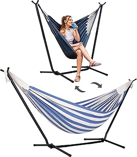 SUNCREAT 2-in-1 Convertible Free Standing Hammock with Stand Included, Camping Backyard Hammock with Stand, Patented, Blue & White Stripe product image
