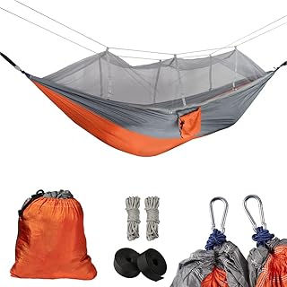 Camping Hammock with Mosquito Net Portable Lightweight Hanging Hammocks with 2 Tree Straps 210T Parachute Nylon Hammock for Outdoor Hiking Survival Travel, Orange product image