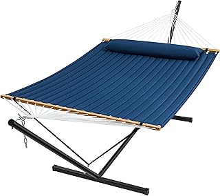 SUPERJARE Hammock with Stand, 2 Person Quilted Outdoor Hammock, Detachable Pillow & Bamboo Spreaders, Portable Hammock with Carrying Bag, Heavy Duty Stand, Perfect for Outside, Patio, Navy Blue product image