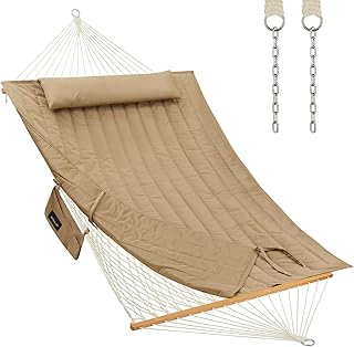 CHULIM Outdoor Double Hammock with Hardwood Spreader Bars, Large Rope Hammock with Polyester Pad and Pillow, 475 LBS Capacity for 2 Person Patio Backyard Poolside - Tan product image