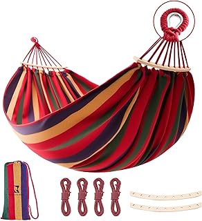 Hammock, Cotton Canvas Hammock Portable Camping Hammock with Carrying Bag Two Anti Roll Balance Beam Metal Carabiner Ropes and Tree StrapsSuit for Indoor,Yard,Camping,Outdoor-Rainbow product image