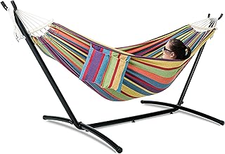 GAFETE Double Hammock with Stand for Outside, Upgraded Spreader Bar, Heavy Duty Space Saving Steel Stand 2 Person, Side Pockets, Easy Assembly, 600lbs Weight Capacity, Indoor & Outdoor (Classic Red) product image