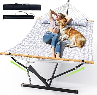 Double Hammock with Stand for Outdoor, Heavy Duty Portable Hammock with Adjustable Steel Stand for Patio, Garden, Beach, Backyard - Includes Carrying Bag,White Grey product image