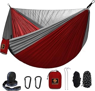 Camping Hammock, Portable Hammocks with Mosquito Net,Lightweight Nylon Parachute Hammock with 10ft Tree Straps,Camping Gear Must Haves for Travel Hiking Backpacking Beach Patio-Red&Grey product image