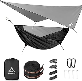 Camping Hammock with Mosquito Net and Rain Fly Tarp - 2 Person Hammock Tent, Portable Parachute Nylon Hammock for Outdoor, Hiking, Backpacking, Backyard, Travel (Hold Up to 500lbs) - Black product image