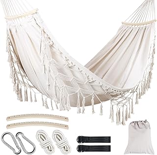 Portable Hammock, Hanging Hammock with Tassels and Fishtail Knitting, 320GSM Hanging Bed with Set Full Accessories for Outdoor Camping Patio Balcony Beige product image