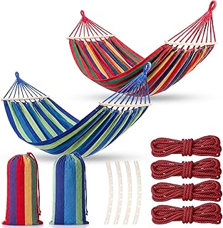 SATINIOR 2 Pack Canvas Portable Camping Hammocks for Outside, 660lb, Large 305 x 150 cm Metal Knot Hanging Hammock with 2 Carrying Bag 4 Tree Strap 4 Anti Roll Balance Beam for Patio Backyard Outdoor product image