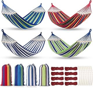 SATINIOR 4 Pack Canvas Portable Camping Hammocks with 4 Carrying Pouch 8 Tree Straps 8 Anti Roll Balance Beam Large 86.6 x 59 Hanging Hammock for Patio Backyard Outdoor, Red & Blue & Green & White product image