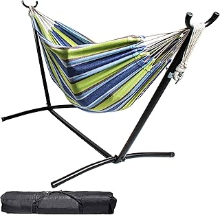 Backyard Expressions Double Camping Hammock with Steel Stand & Carrying Bag, Adjustable Height, Ultra Soft Cotton Blend, 550 lb Capacity, Indoor & Outdoor Portable Hammock product image