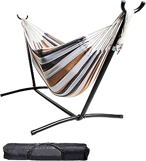 Backyard Expressions Double Camping Hammock with Steel Stand & Carrying Bag, Adjustable Height, Ultra Soft Cotton Blend, 550 lb Capacity, Indoor & Outdoor Portable Hammock product image