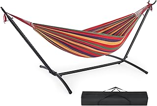 DUMOS Double Hammock with Space Saving Stand, Heavy Duty Steel Frame, Portable for Outside & Indoor Use, 450lbs Capacity, Easy Assembly, Carrying Bag Included, Red product image