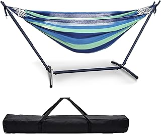 Double Hammock with Freestanding Steel Stand, Portable & Easy Setup, 550lb Capacity Heavy Duty for Patio, Garden,Backyard, Camping, Indoor & Outdoor - Includes Carry Bag (Blue Stripe) product image