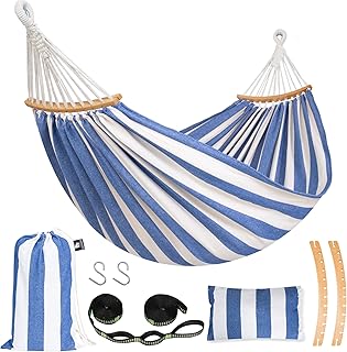 SUNCREAT Hammocks Outdoor Camping Double Hammock for Trees, Backyard Hammock Portable, Blue & White product image