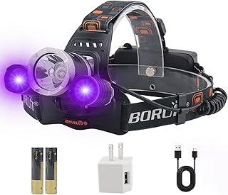 BORUIT RJ-3000 LED Black Light Headlamp,3 Modes White and UV Light Headlamp,Super Bright Rechargeable Blacklight Headlight Head Lamp for Hunting Camping Hiking Fishing Working product image