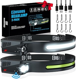 COSOOS Original 2 Rechargeable Headlamps, Bright LED Headlamp Flashlight 1000 Lumen, 230 ° Wide Beam & Spot Light, Motion Sensor, 2.4 oz Head Lamp with Clips for Hardhat, Camping, Hiking product image