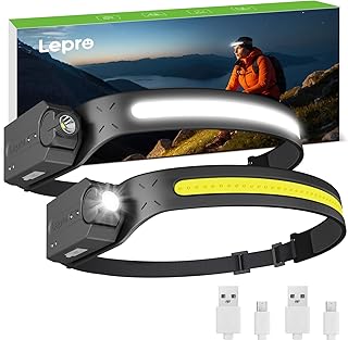 Lepro LED Headlamp Rechargeable - Super Bright Motion Sensor Head lamp with 1200 mAh Battery, 230°COB Wide Beam & Adjustable Spotlight, IP44 Waterproof Headlight for Camping, Hiking, Running, 2 Pack product image