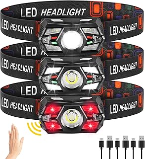 3Pack Headlamp Rechargeable, Super Bright Head Lamps LED Rechargeable, LED Headlight with Motion Sensor, Head Lights for Forehead with Red Light, Headlamps for Adults Kids Camping Essentials Running product image