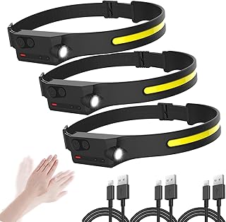 LED Headlamp Rechargeable with Motion Sensor USB Head Lamp Comfortable Headband with Wide Beam 5 Modes 350 Lumen Ultra Bright Flashlight Head light for Outdoor Camping Hiking Running Work Pack of 3 product image