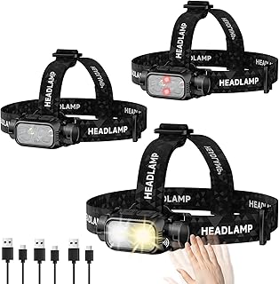 Rechargeable Headlamp for Adults & Hiking, 3 Pack Lightweight & Waterproof Super Bright led Head Lamp with Red Light, Motion Sensor, 5 Modes, 90° Adjustable, Headlamps for Camping, Running product image