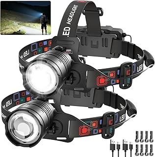 Rechargeable Headlamp High Lumen, 3000L Super Bright Head Lamp, 90° Rotatable Head Lights for Forehead, Adjustable Focus Headlight Flashlight, 4Modes LED Headlamps for Adults Hardhat Camping (2Pack) product image