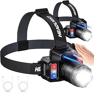 Headlamp Rechargeable 2 Pack, Motion Sensor Headlamp Super Bright LED Flashlight with 5 Lighting Modes, Zoomable Spotlight & Floodlight, Waterproof 360° Adjustable Head Lamp for Camping Hiking Running product image