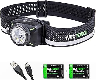 NEXTORCH eStar 1300 Lumens Headlamp Rechargeable, Running LED Headlight Extra Lightweight with Red Light, Waterproof Headband for Outdoor Camping Hiking Working, 2 * 1200 mAh, USB-C Charging, Black product image