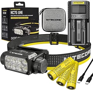 Nitecore HC75 UHE + 2X Extra NL2153HP + UMS2 Charger HC75 UHE Rechargeable E-Focus Spotlight Floodlight Headlamp 192m Beam -3000 Lumens (Upgrade of HC68) w/ 2X Extra Battery and UMS2 Dual-Slot Super product image