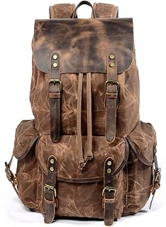 WUDON Leather Backpack for Men, Waxed Canvas Shoulder Rucksack Carry-On Travel Backpack product image