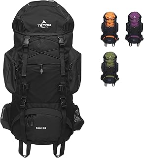 Teton 55L Scout Internal Frame Backpack for Hiking, Camping, Backpacking, Travel, Rain Cover Included, Black product image