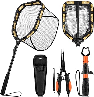 PLUSINNO Floating Fishing Net for Steelhead, Salmon, Fly, Kayak, Catfish, Bass, Trout Fishing, Rubber Coated Foldable Landing Net with Fixed or Telescoping Pole Handle, Fishing Gear and Gifts for Men product image