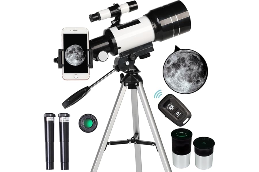 Telescope for Adults & Kids, 70mm Aperture Refractor (15X-150X) Portable Travel Telescope with Phone Adapter & Wireless Remote, Astronomy Beginners Gifts, Black product image