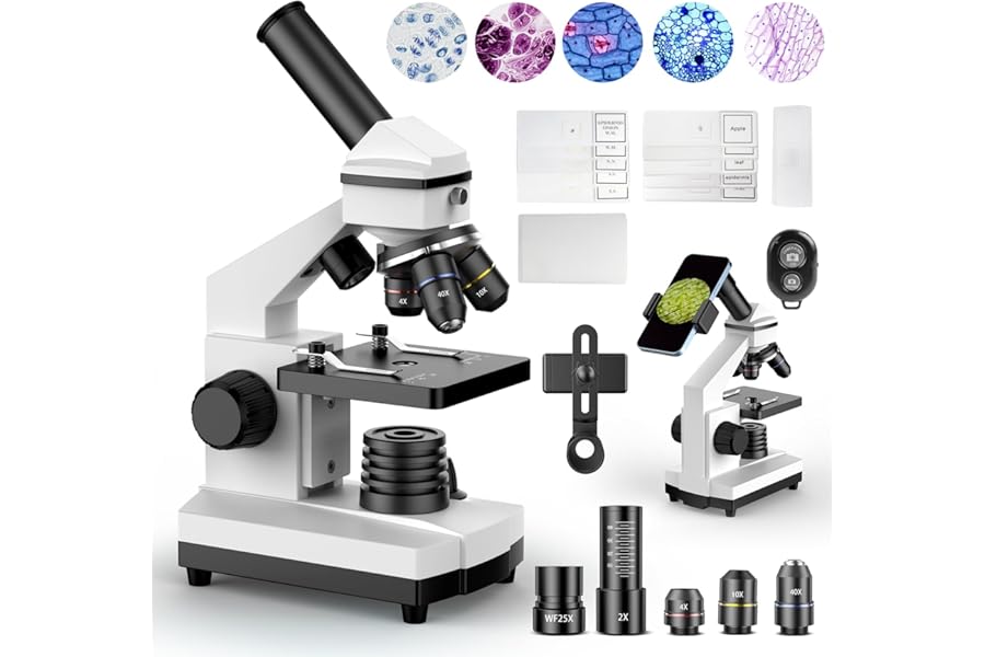PalliPartners Compound Microscope for Adults & Students - 100X-2000X High-Power Biological Microscope for Students, School Lab & Home Education, with Slides Set & Phone Adapter (White) product image