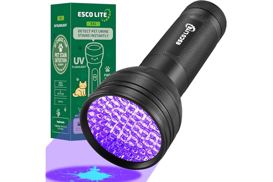 ESCO LITE UV Flashlight Black Light, 51 LED 395 nM Ultraviolet Blacklight Detector for Dog Urine, Pet Stains and Bed Bug product image