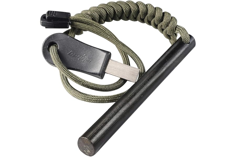 bayite 4 Inch Survival Ferrocerium Drilled Flint Fire Starter, Ferro Rod Kit with Paracord Landyard Handle and Striker, 4"(Long) x 3/8"(Diameter) product image
