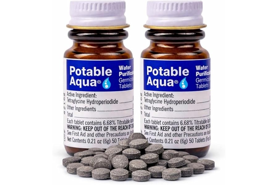 Potable Aqua Water Purification Tablets, Portable and Effective Water Purification Solution for Camping, Hiking, Emergencies, Natural Disasters and International Travel, Two 50ct Bottles, Blue product image