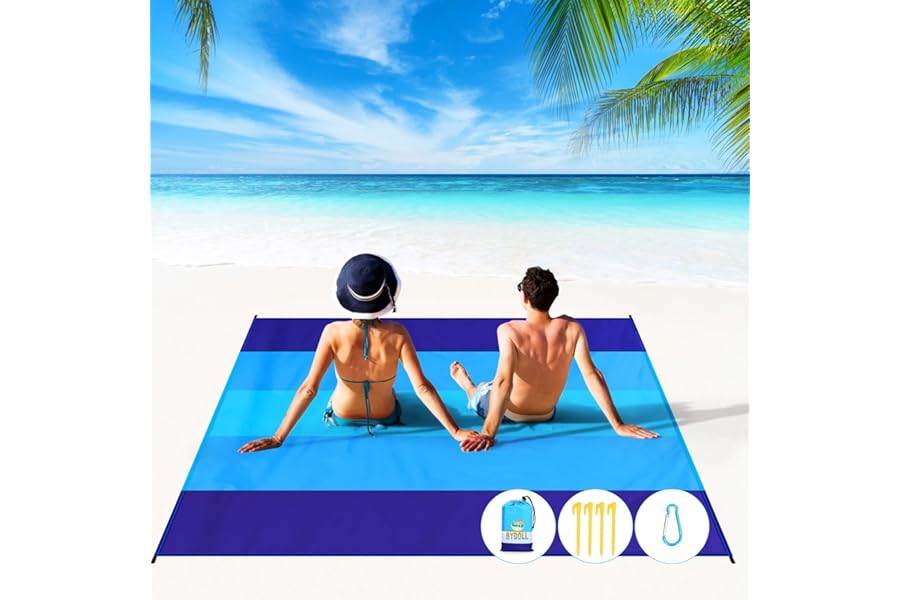 BYDOLL Beach Blanket 78''×81'' 4-7 Adults Oversized Lightweight Waterproof Sandproof Beach Blanket Large Picnic Mat for Travel Camping Hiking Picnic(78" X 81", Blue-Mixed) product image