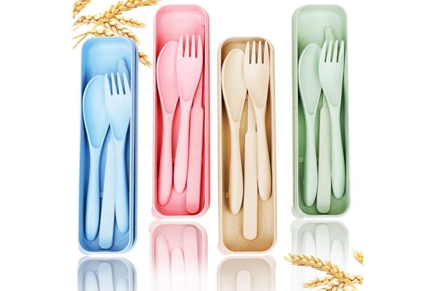 Reusable Travel Utensils Set with Case, 4 Sets Wheat Straw Portable Knife Fork Spoons Tableware, Eco-Friendly BPA Free Cutlery for Kids Adults Picnic Camping Utensils(Green, Beige, Pink, Blue) product image