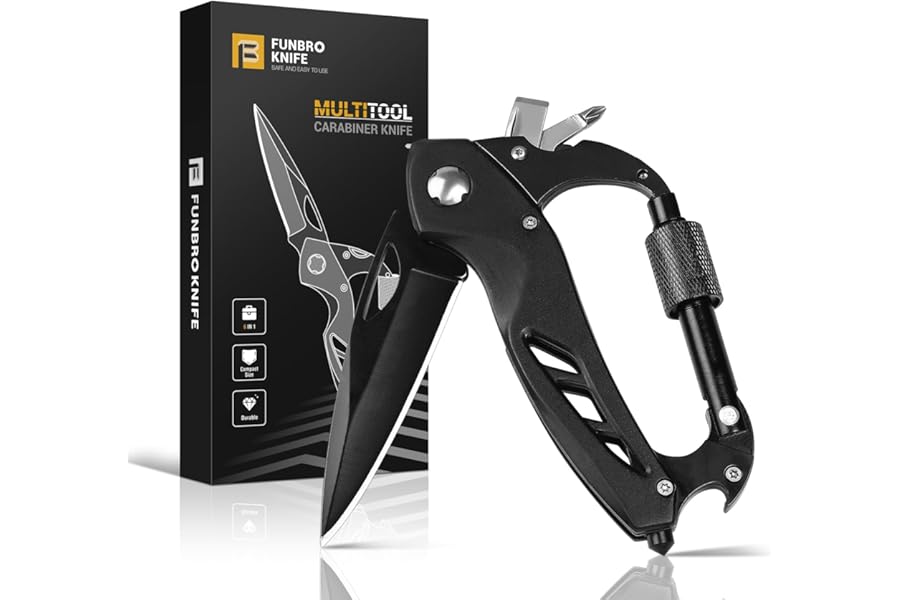 FUNBRO Multitool Carabiner with Pocket Knife, Stocking Stuffers Gifts for Men, EDC Carabiners with Folding Knives, Bottle Opener, Window Breaker and Screwdriver, Survival Gear for Camping Hiking product image