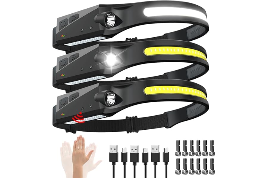 Rechargeable Headlamp 3PCS, 230° Wide Beam Head Lamp, Motion Sensor LED Headlamp Rechargeable, 5Mode Bright Headlamps for Adults, Head Lights for Forehead, Hard Hat Headlight, Camping Essentials Gear product image