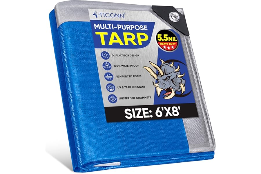 TICONN Heavy Duty Tarp Cover, Extra Thick Tarps Waterproof Tear and Rip Proof UV Resistant Tarpaulin with Reinforced Grommets and Edges (5.5 Mil, 6'x8') product image