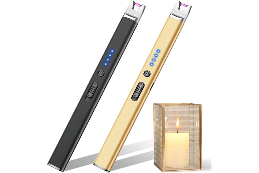 LcFun 2 Pack Candle Lighter USB Rechargeable Electric Plasma Arc Lighters with Safety Lock, Windproof Flameless Long Lighters Matches for Candle, Grill, BBQ, Camping, Gas Stoves (Black, Gold) product image