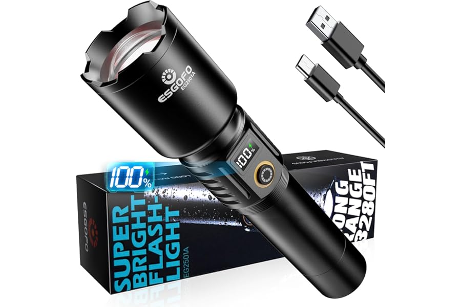 Esgofo Rechargeable Flashlights High Lumens 90,000 Long Range 3280FT, Super Bright Handheld Strong LED Flashlight Long Lasting 15H, Powerful Flash Light USB C, Zoomable 5 Modes, for Camping Hiking product image