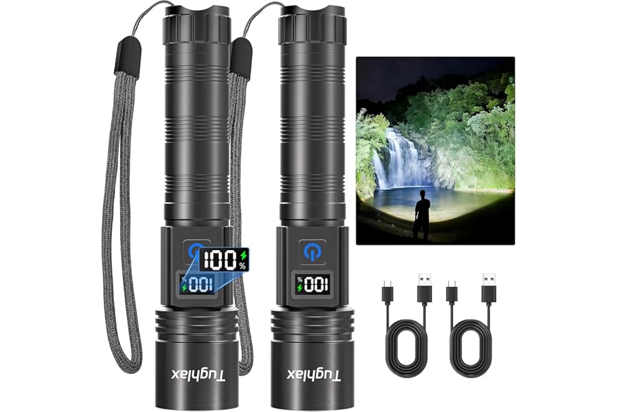 Tughlax LED Rechargeable Flashlights 9900 High Lumens 2Pack, Super Bright Flashlight, Zoomable Powerful Camping Flashlights with LCD Digital Display, 5 Modes Waterproof Flash Light for Home product image