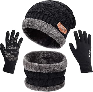 MAYLISACC Winter Knit Beanie Hat Neck Warmer Scarf and Touch Screen Gloves Set 3 Pcs Fleece Lined Skull Cap for Men Women product image