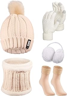 SATINIOR 5 Pcs Winter Hat Scarf Gloves Set Fleece Warm Lined Knit Beanie Hat Touch Screen Earmuff Gloves Warmer for Women(Beige,Classic Style) product image
