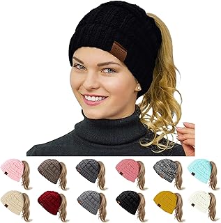 Rosoz Womens Ponytail Beanie Winter Beanie Hat Ponytail Hatfor Women Tail Stretch Cable Knit Cap Messy High Bun Hat product image