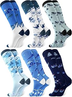 6 Pairs Funny Ski Themed Socks Snowboarding Pattern over The Calf Cotton Socks Novelty Ski Lover Gift for Men Women Valentines Holiday Winter Skiers Gift, 6 Designs product image